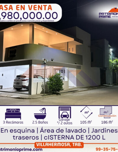 casa en venta en villahermosa tabasco esquina garage terraza