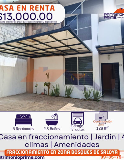 casa en fraccionamiento en renta en bosques de saloya